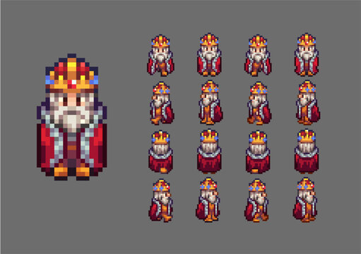 Retro rpg pixel art character noble old king shown in multiple views, medieval stories, game animation, npc roles, side view sprite sheets, fantasy worlds, top down 8 bit