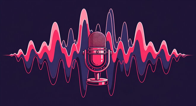 Microphone with pink sound wave on dark background audio equipment
