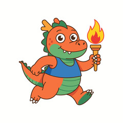Fototapeta premium Cute Orange Dragon Mascot Running with Olympic Torch in Blue Sports Vest