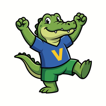 Crocodile Mascot Celebrating Victory with Letter V in Blue Green Uniform