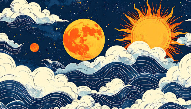 Pixel art sun and full moon with celestial clouds and ocean waves, retro digital landscape