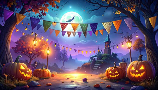 Pixel art halloween scene with glowing pumpkins, colorful bunting, and spooky castle under full moon