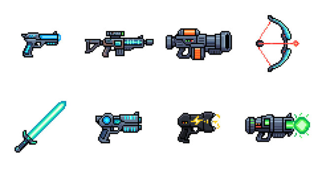 Collection of pixel art sci-fi weapons styled as video game assets, including pistols, assault rifles, and a glowing sword