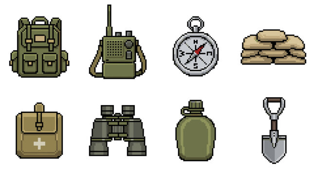 Illustrating a collection of pixelated military and survival gear icons on a white background, useful for game development assets