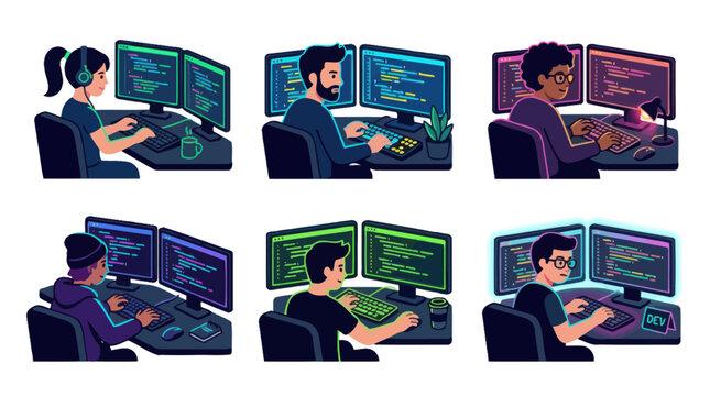 Software developers and programmers working on multiple computer monitors.