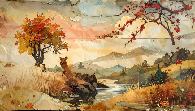 Pixelated landscape art with a deer near a stream, autumn trees, and rolling hills, evokes a rustic, vintage feel, perfect for wallpapers or decorative prints