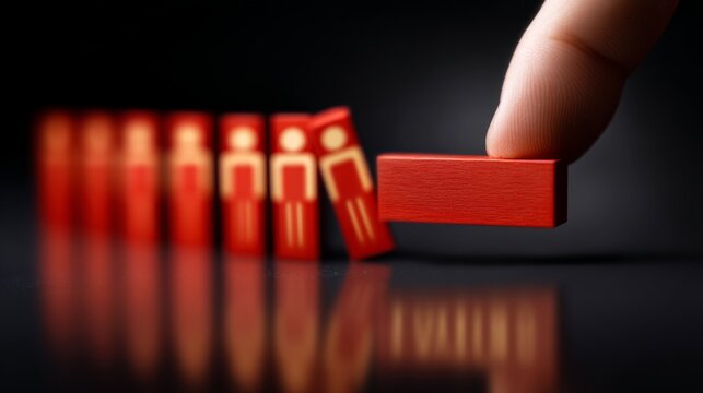 Red rectangular block preventing domino chain from falling during game