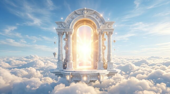 Ornate marble arch portal glowing with bright light floating above cloud layer in clear blue sky with classical columns