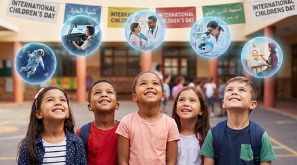 Diverse children looking up at thought bubbles depicting various professions and educational pursuits, celebrating International Children's Day