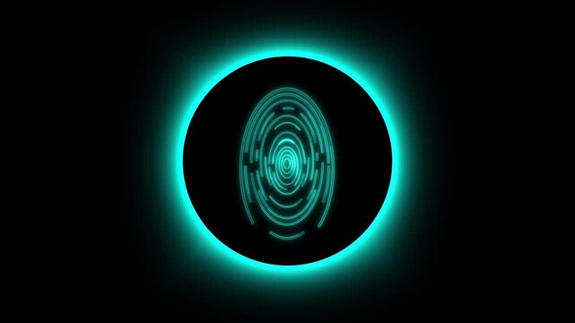 Glowing blue fingerprint inside a dark circle with neon halo on black background, showing digital identity, security, privacy and modern technology.