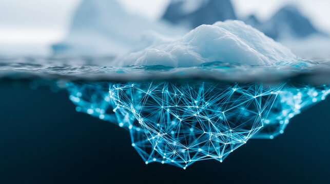 Close-up of a partially submerged iceberg revealing a digital network structure below the ocean surface, hidden data concept, iceberg network photography, subsurface connectivity
