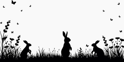 Bunny Silhouette Scene With Grass And Flying Insects © krishna