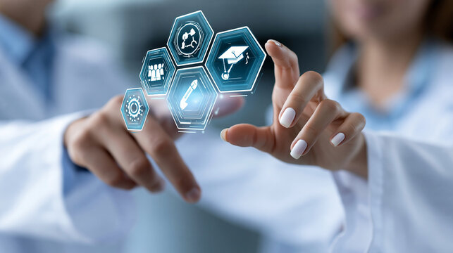 Close-up of a digital education training concept with a professional touching virtual hex icons for learning, digital learning concept, hex icon photography, training innovation