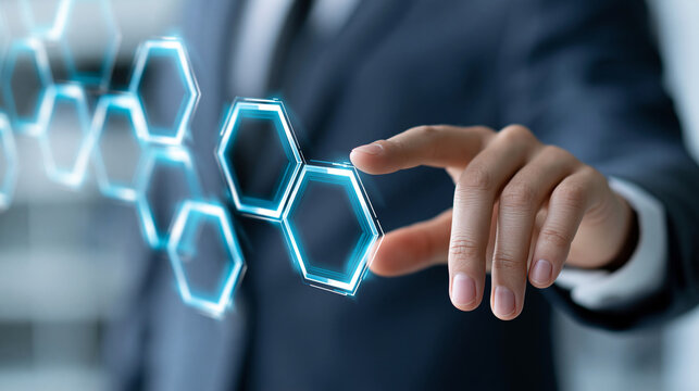 Close-up of a digital education training concept with a professional touching virtual hex icons for learning, digital learning concept, hex icon photography, training innovation
