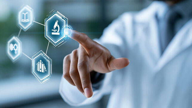 Close-up of a digital education training concept with a professional touching virtual hex icons for learning, digital learning concept, hex icon photography, training innovation