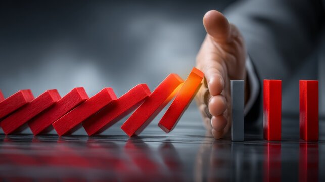 Hand Stopping Domino Effect with Red and Gray Blocks on Dark Surface