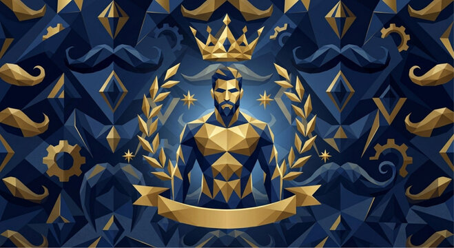 Golden crown king icon, luxury royal emblem, blue ornate background, vector crest
