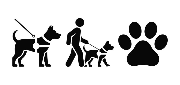 Guide dog walking with person icons, assistance animal and mobility support symbols, paw print accessibility and service dog vector illustration set.
