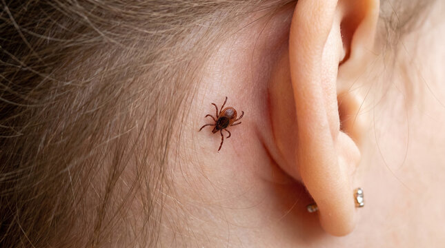 Macro close-up of a dangerous tick crawling on human skin behind a child's ear, concept of Lyme disease and encephalitis prevention