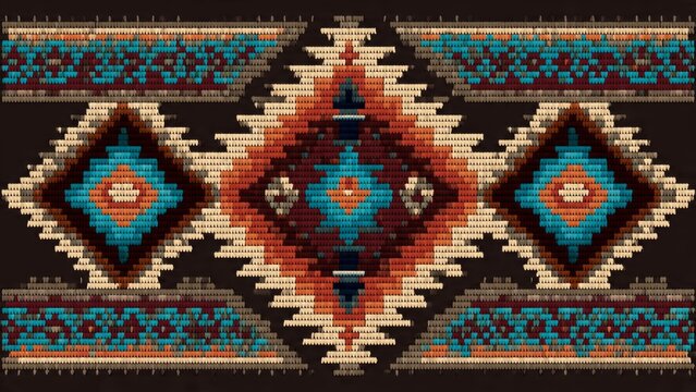 Colorful geometric southwestern textile pattern with diamond shapes and intricate woven design