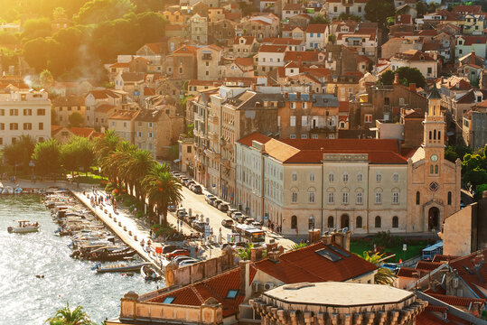 Beautiful golden sunset over Matejuska harbor in Split.