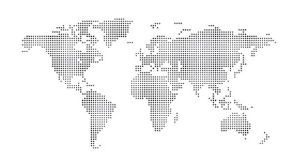 Halftone world map with dot pattern, dotted globe continents graphic, black and white Earth planet, global geography elements, digital simple travel infographics. Vector illustration. ©   
