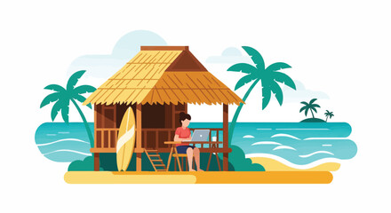 Fototapeta premium Woman sitting on beach hut patio.