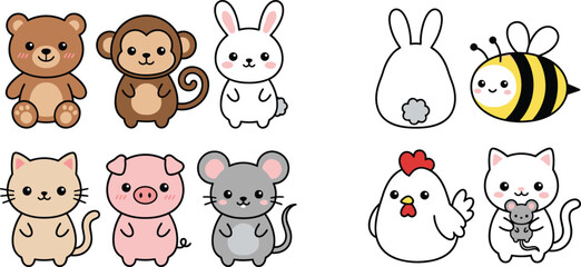 Fototapeta premium Cute cartoon animal illustrations with bear, monkey, rabbit, cat, pig, mouse, chicken, and bee in kawaii style
