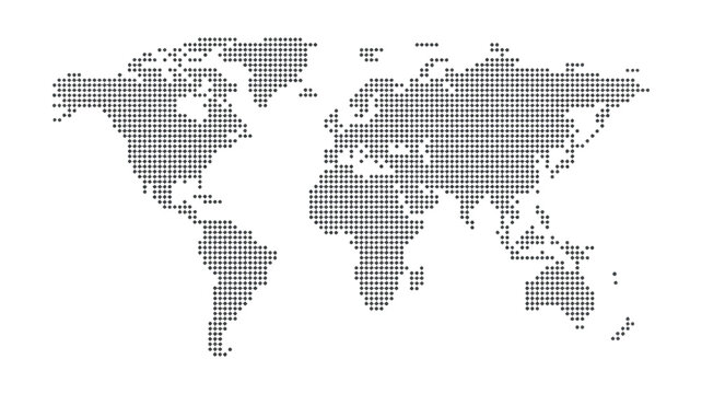 Halftone world map with dot pattern, dotted globe continents graphic, black and white Earth planet, global geography elements, digital simple travel infographics. Vector illustration.