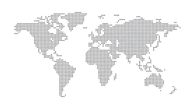 Halftone world map with dot pattern, dotted globe continents graphic, black and white Earth planet, global geography elements, digital simple travel infographics. Vector illustration.