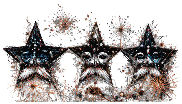Stars with detailed faces and thick white mustaches are rendered in a vintage artistic style, featuring ink splatter textures that evoke a nostalgic and whimsical patriotic celebration theme for.