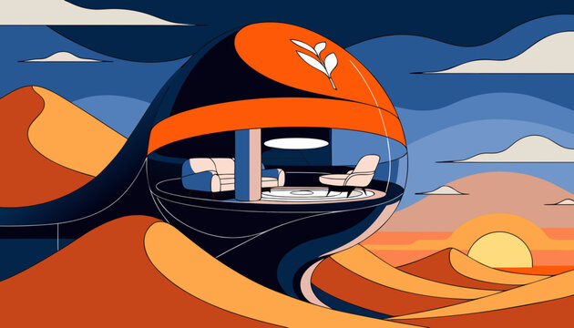 Very beautiful egg-shaped luxury capsule villa nestled among desert dunes with soft sunset glow, elegant interiors, and futuristic eco-friendly architecture in premium vector illustration style.