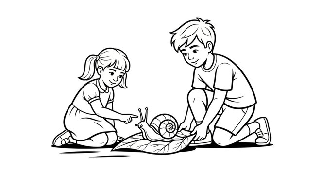 Two children carefully observing a pet snail outdoors.