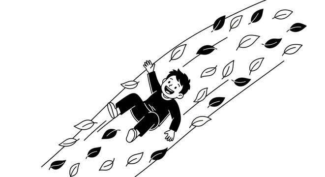 Cartoon character sliding through falling leaves joyfully.