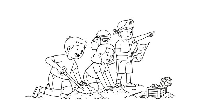 Children exploring and digging together outdoors happily.