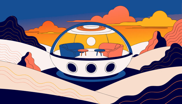 Very beautiful egg-shaped luxury capsule villa nestled among desert dunes with soft sunset glow, elegant interiors, and futuristic eco-friendly architecture in premium vector illustration style.