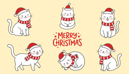 Fototapeta premium Cute white cats wearing santa hats and scarves on a pale yellow background with merry christmas text