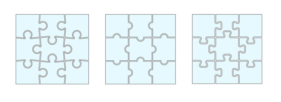 Jigsaw puzzle template set with blank 9 pieces in different patterns. Scheme of thinking game set with interlocking shapes with unique borders Vector outline design for DIY game, creative project
