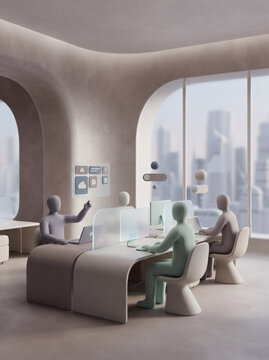 Modern Office Scene with Two Humanoid Robots