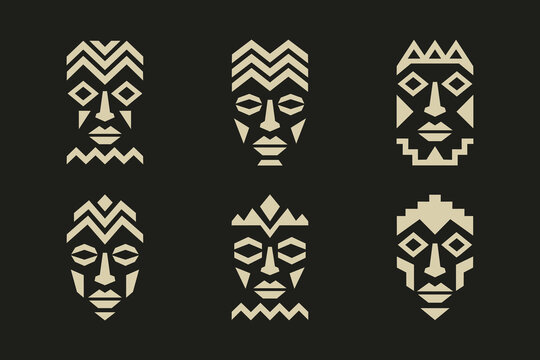 Minimalist geometric African tribal mask vector icons set on a dark background