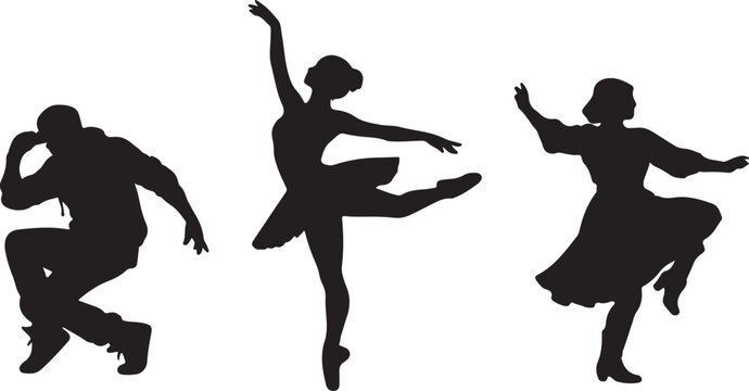 Dancers silhouettes collection featuring street hip hop breakdancer classical ballet ballerina and traditional folk dancer isolated on white background.