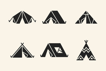 Black geometric camping tent and teepee icons set isolated on plain background © thetwelvesense