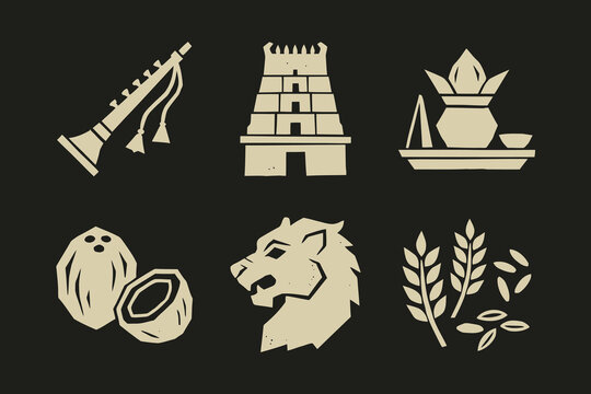 Set of South Indian cultural icons including temple gopuram nadaswaram coconut and rice stalks