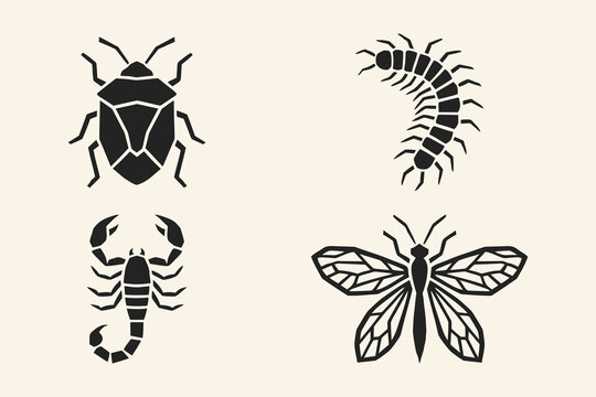 Set of four geometric insect icons including scorpion centipede shield bug and winged moth silhouette