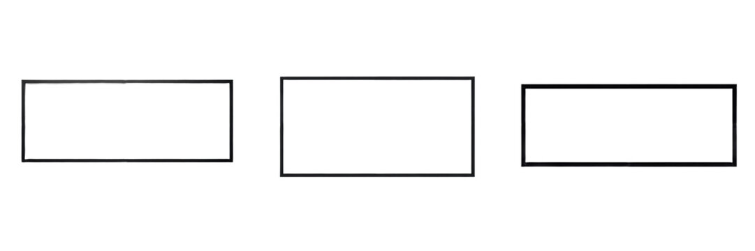 Set of three black rectangular border outlines, empty flat geometric shape mockups and minimalist frame templates isolated on transparent background, professional graphic design elements for layout pr