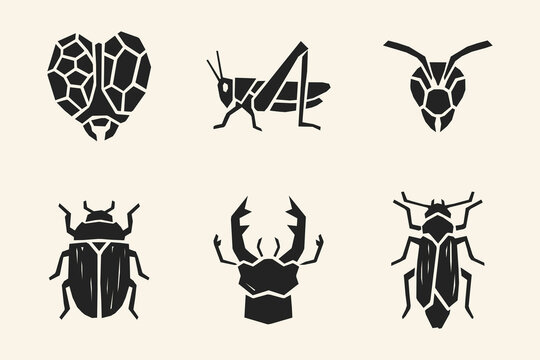 Set of minimalist geometric insect icons including beetle grasshopper and ant in black silhouette