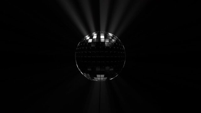 Disco ball rotating with silver white light rays transparent background alpha channel elegant monochrome nightlife music event seamless loop overlay 16:9