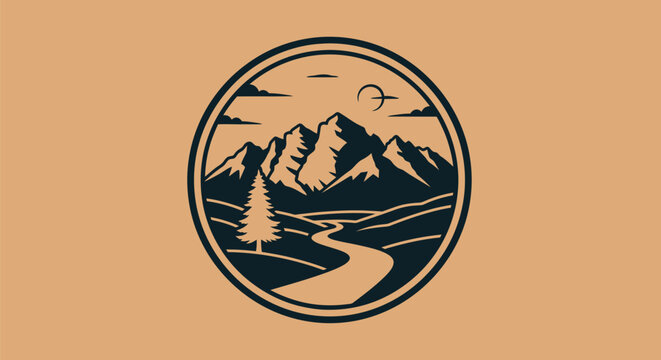 Circular badge illustration featuring mountain landscape with winding river and pine tree.