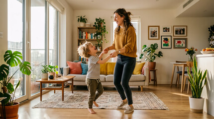 A joyful young mother and her cheerful little boy holding hands and dancing together at home.