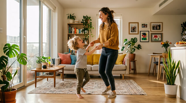A joyful young mother and her cheerful little boy holding hands and dancing together at home.